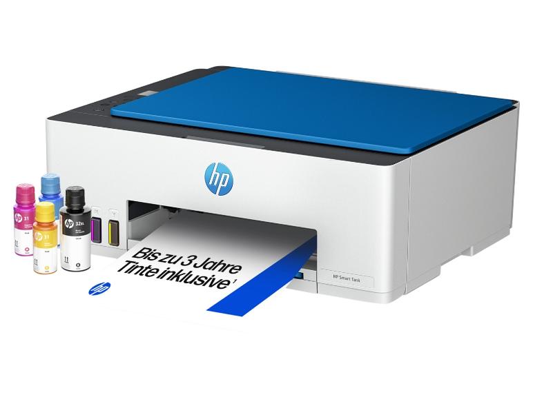 Drucker mit Smart-Tintentanks und Tintenflaschen, mit Text „Bis zu 3 Jahre Tinte inklusive“.