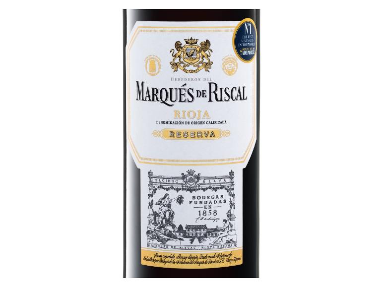 Rotweinflasche mit detailliertem Etikett, das „Rioja Reserva“ und „Gegründet 1858“ angibt.