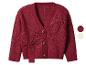 Rote Strickjacke mit V-Ausschnitt und Knotendetails, mit braunen Knöpfen