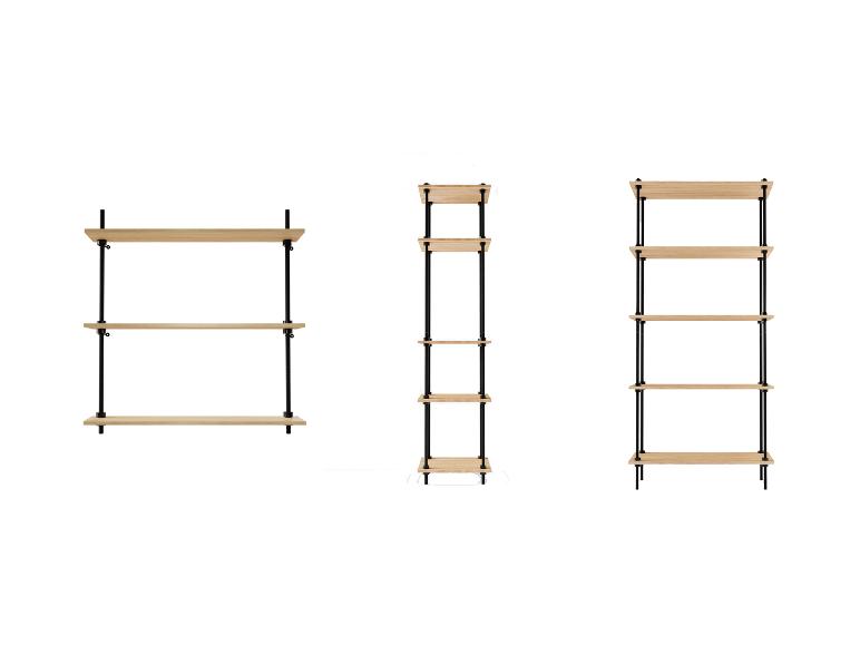 Drei Holzregale mit schwarzem Metallrahmen, in verschiedenen Höhen und Regalanzahlen.