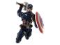 Superhelden-Actionfigur in blauem Anzug mit Schild und Hammer.