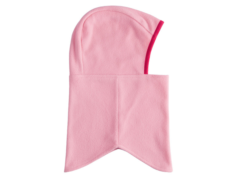 Eine rosafarbene Fleece-Skimütze mit rotem Rand.