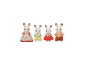 Vier Plüschhasenfiguren, zwei Erwachsene und zwei Kinder, in farbenfrohen Outfits.