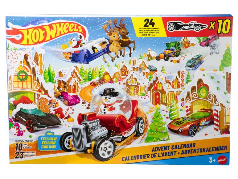 Hot Wheels Adventskalender mit Weihnachtsfahrzeugen und Zubehör.