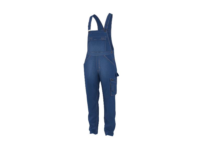 Blaue Jeans-Latzhose mit mehreren Taschen und verstellbaren Trägern.