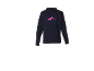 Dunkelblauer Rollkragenpullover mit rosa Bergaufdruck.