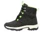 Schwarze Wanderstiefel mit neongrünen Akzenten und weißer Sohle.