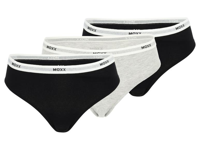 Drei MGXX Damen-Slips in Schwarz und Grau mit weißem und silbernem Bund.