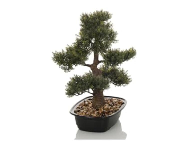 Künstlicher Bonsai-Baum in schwarzem Topf mit Kieselsteinen
