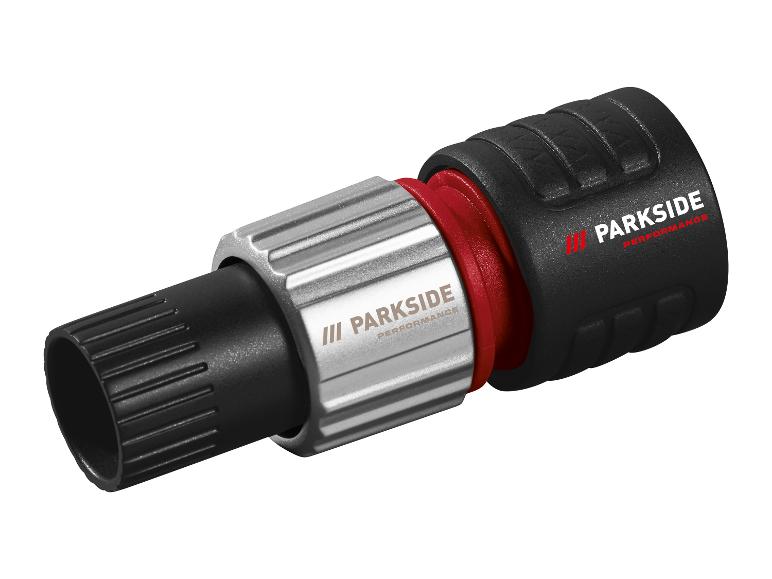 Ein schwarzer Parkside Performance Gartenschlauchanschluss.