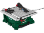 Grüne und graue elektrische Tischkreissäge mit Kreissägeblatt und Zubehör.