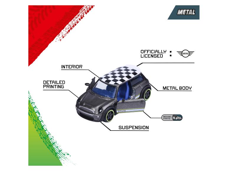 Graues Spielzeugauto mit kariertem Dach, geöffneten Türen und Funktionsdetails.