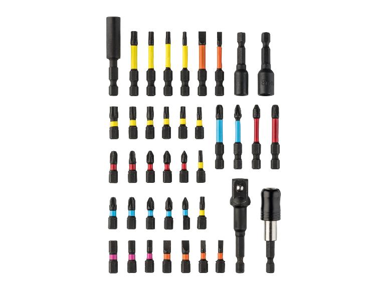 Ein Satz Schraubendreher-Bits und Schlagadapter in verschiedenen Farben und Größen.