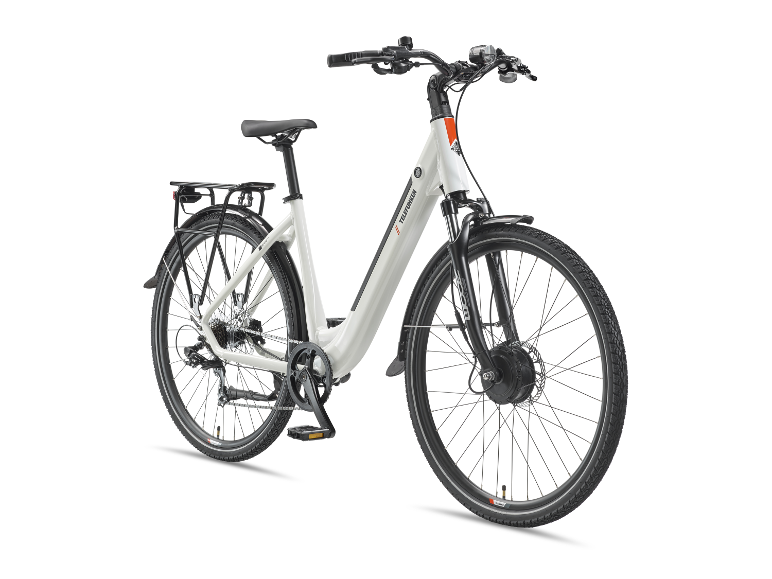 TELEFUNKEN RC670 28-Zoll City E-Bike, weiß mit orangefarbenen Akzenten.