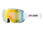 Skibrille mit farbigen verspiegelten Gläsern und weißem Band mit Logo.