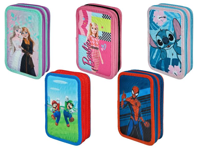 Schulstiftetuis mit Disney-Figuren, Barbie, Stitch, Mario und Spiderman.