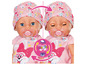 Zwei Baby Born Puppen mit Hasen-Print, eine mit offenen und eine mit geschlossenen Augen.