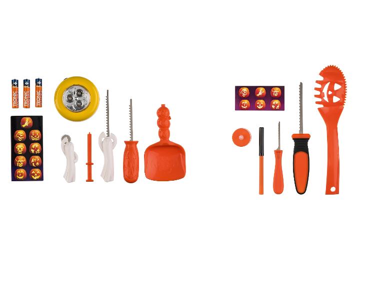 Halloween-Kürbisschnitzset mit Werkzeugen, Schablonen und Beleuchtung.
