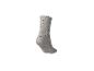 Graue Socke mit grünen Punkten und gewelltem Rand.