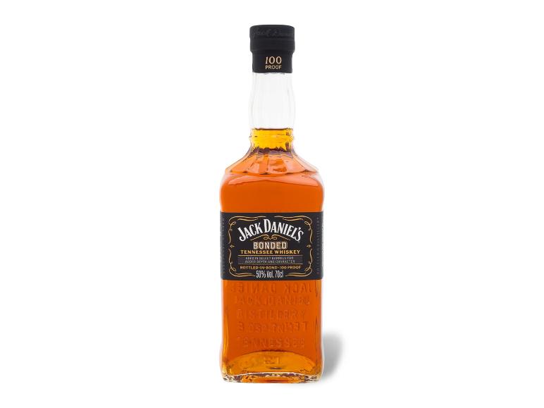 Jack Daniel's Bonded Tennessee Whiskeyflasche mit schwarzem und goldenem Etikett.