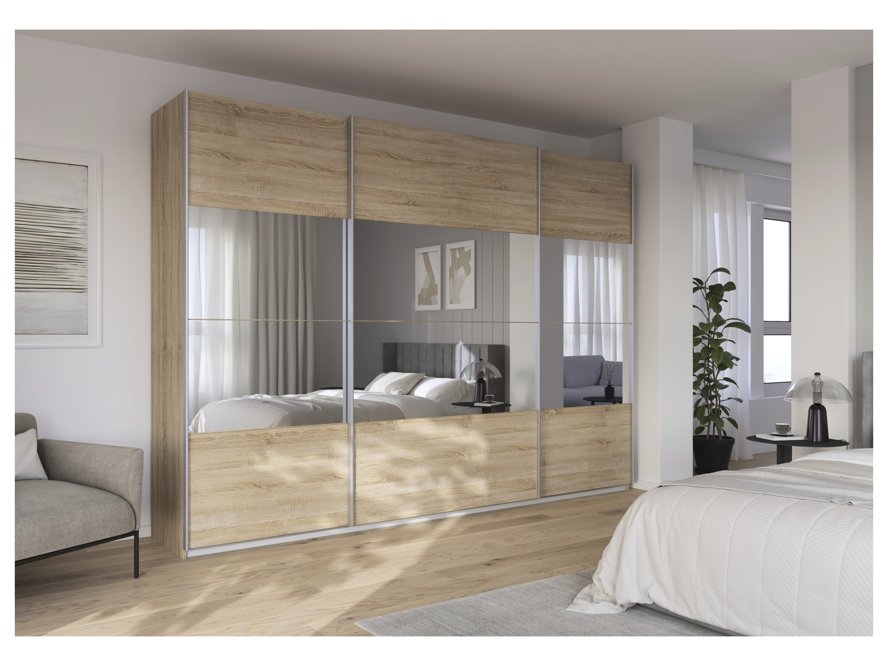 RAUCH ORANGE Quadra Schwebetürenschrank mit Spiegelelementen (Premium-Zubehör, Korpus: Eiche, 315 x 230 cm) – Bild 2 von 4