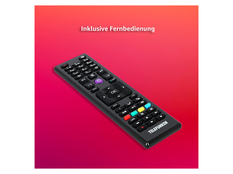 Eine schwarze Telefunken Fernbedienung mit Knöpfen für Navigation und Lautstärke.