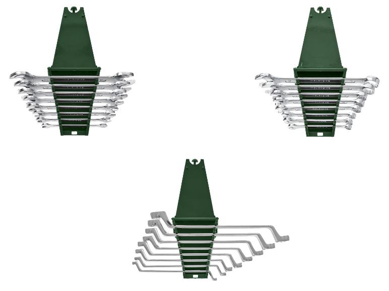 Drei Sätze Maul- und Ringschlüssel in grünen Haltern.