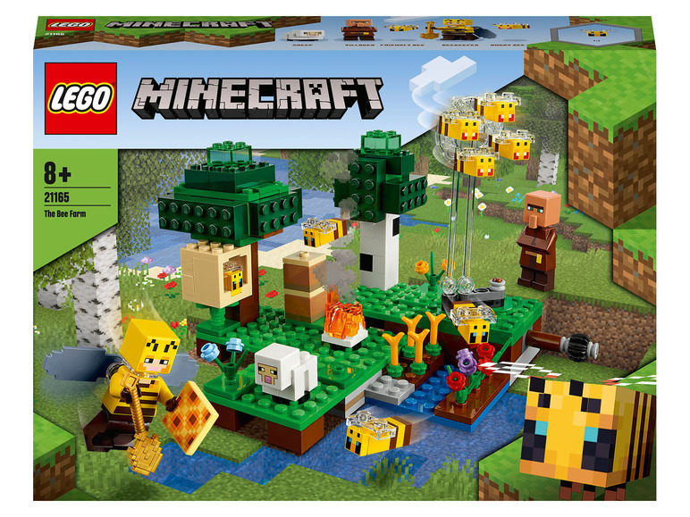 LEGO Minecraft The Bee Farm mit Bienen, einem Bauern und einem Schaf.