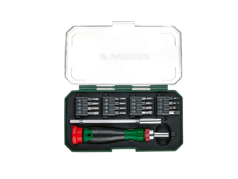 Parkside Schraubendrehersatz mit verschiedenen Bits und drehbarem Griff.