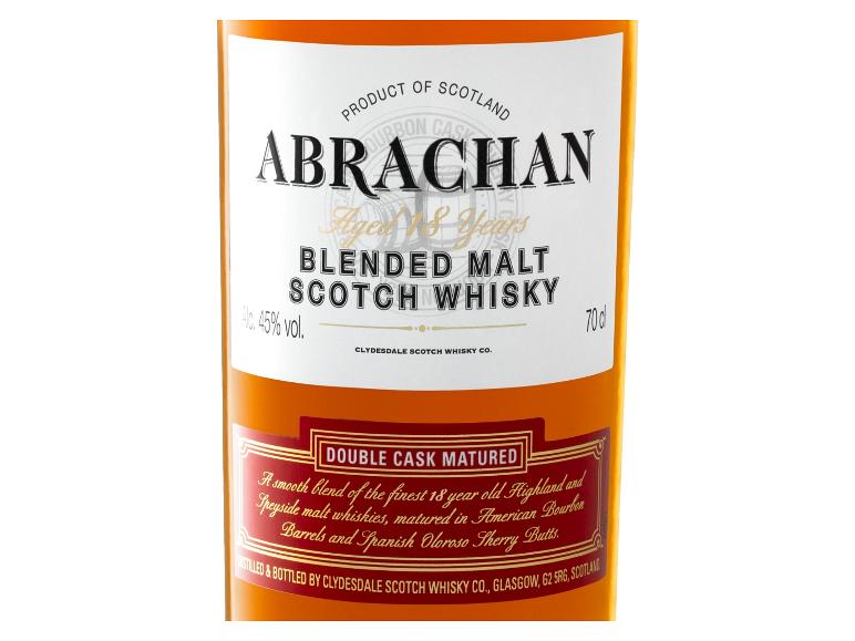 Flasche Blended Malt Whisky mit Etikett, das 18 Jahre und doppelte Reifung angibt.