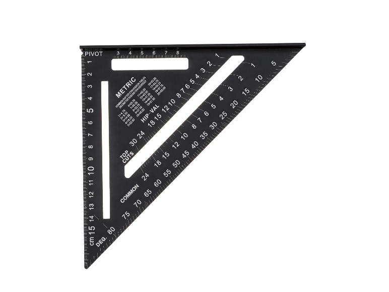 Schwarzer Winkelmesser mit metrischen und imperialen Maßen, Sparrenumrechnungstabellen.