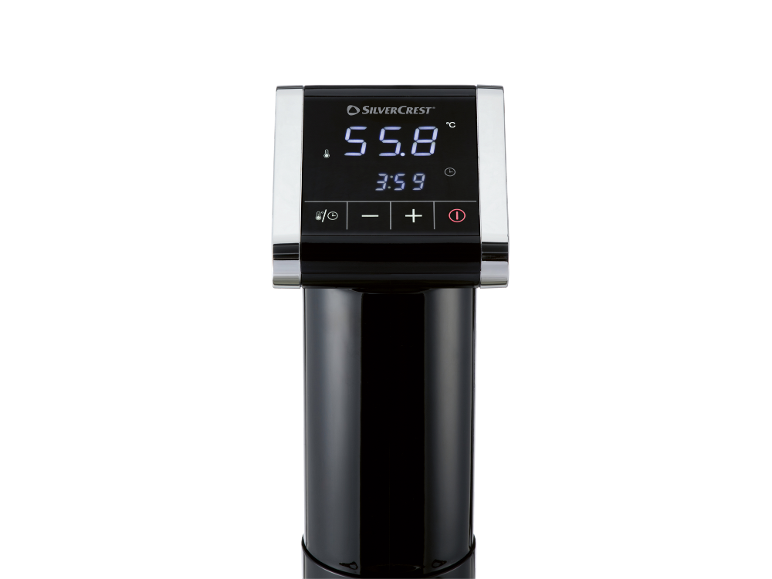 Intelligentes Kochgerät mit Digitalanzeige, die 55.8°C und die Zeit 3:59 anzeigt.
