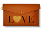 Eine braune Ledergeldbörse mit einem goldenen Glitzerherz und dem Wort 'LOVE'.