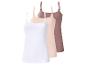 Drei Damen-Spaghettitops in Weiß, Beige und Braun.