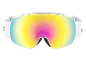 Weiße Skibrille mit einer farbigen verspiegelten Scheibe, mit einem rosa-gelben Farbverlauf.