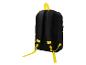Schwarzer Rucksack mit gelben Riemen, Rückansicht.