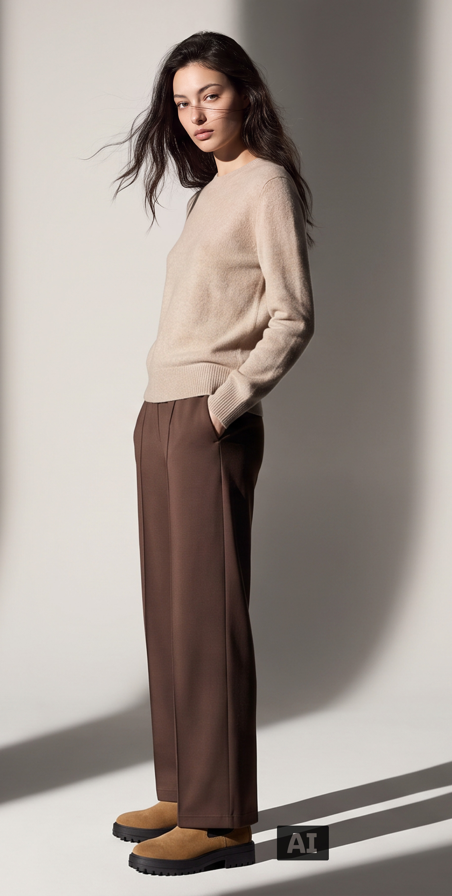 Dieses Bild ist KI-generiert: Ein weibliches Model trägt die Stiefelette in der Farbe Camel