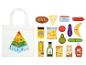 Tasche mit Ernährungspyramide und verschiedenen Spielzeuglebensmitteln, darunter Brot, Käse, Obst und Gemüse.