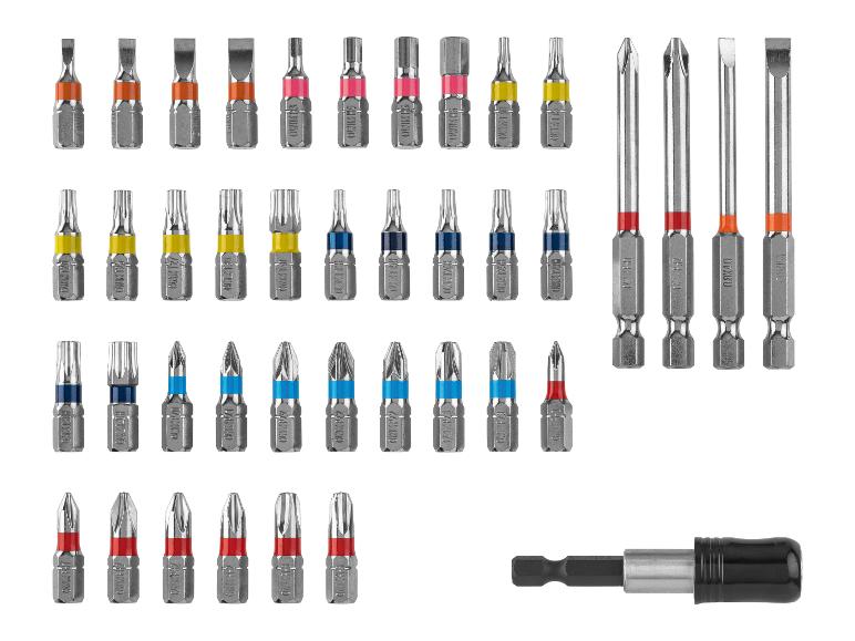 Ein Sortiment an Schraubendreher-Bits in verschiedenen Größen und Typen, darunter Schlitz, Phillips und Torx, mit Bithalter.
