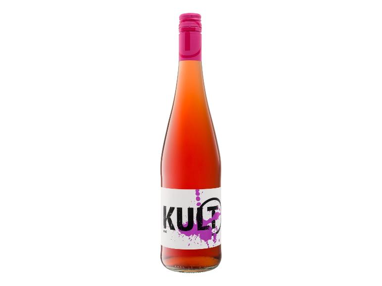 Flasche KULT Roséwein mit weißem Etikett und lila Farbspritzern.