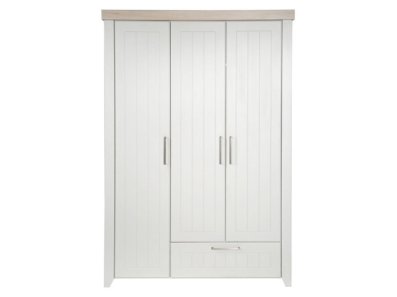 Weißer Kleiderschrank mit drei Türen und einer Schublade.