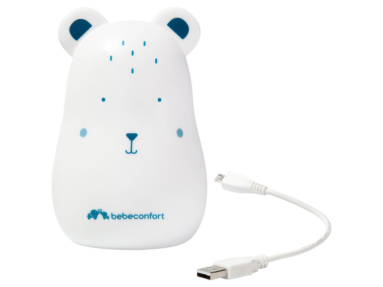 Ein weißer Babyphone in Form eines Bären mit einem USB-Kabel.