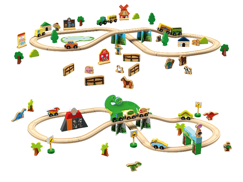 Holzeisenbahn-Set mit Bauernhof- und Dinosaurier-Themen, inklusive Schienen, Fahrzeugen und Figuren.