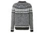 Ein grauer Pullover mit einem schwarz-weißen skandinavischen Muster.