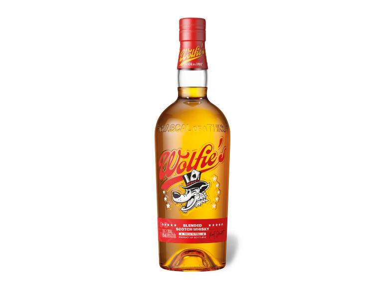 Flasche Wolfie's Blended Scotch Whisky mit Cartoon-Wolf-Etikett.