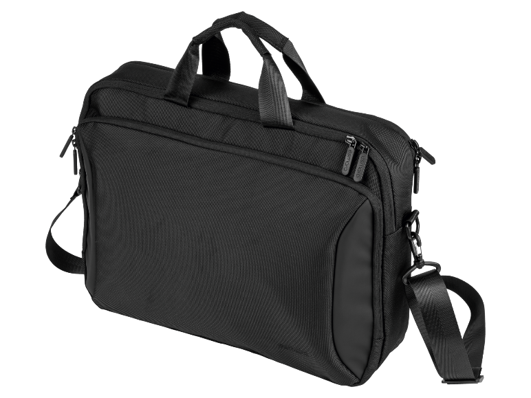 Schwarze Laptop-Tasche mit Tragegriffen und Schultergurt.