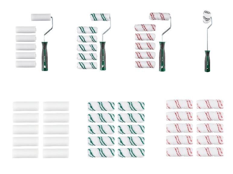 Parkside Farbroller-Set mit grünen Griffen und verschiedenen Walzenbezügen.