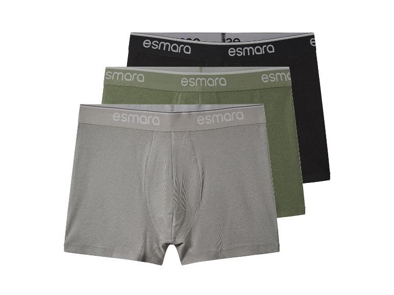 Drei Esmara Herren-Boxershorts in Grau, Olivgrün und Schwarz.