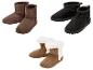 Drei Paar Winterstiefel: braun, schwarz und braun mit weißem Fellbesatz.