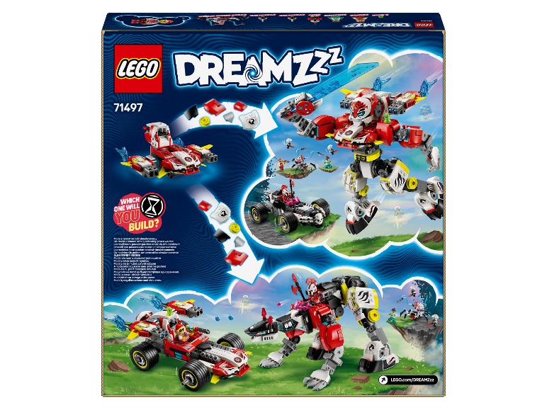 LEGO DREAMZzz Box mit einem Roboter und einem Fahrzeug, beide aus Steinen gebaut.